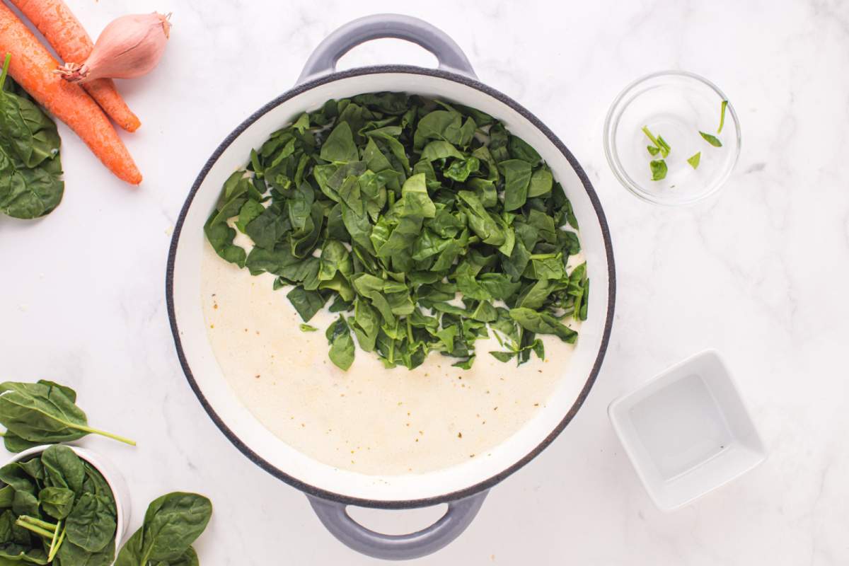 spinach and gnocchi added to pot