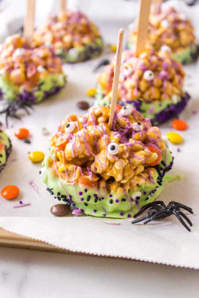 Monster Popcorn Balls on a pan