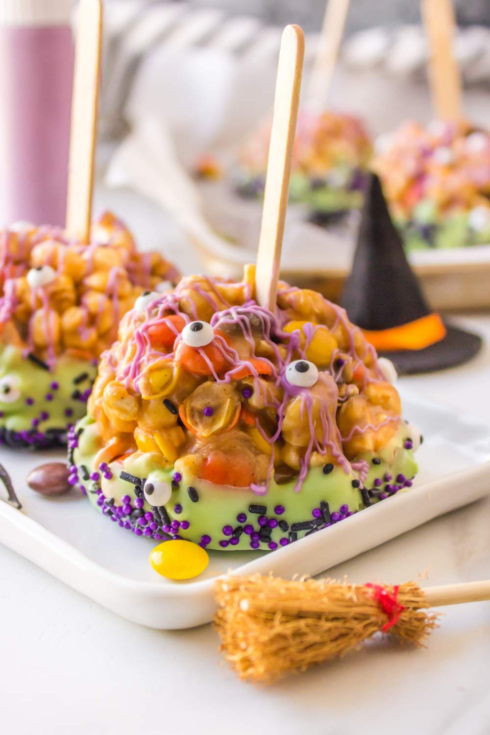 Monster Popcorn Balls on a plate