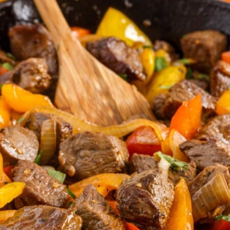 Beef Tips and Peppers in a pan