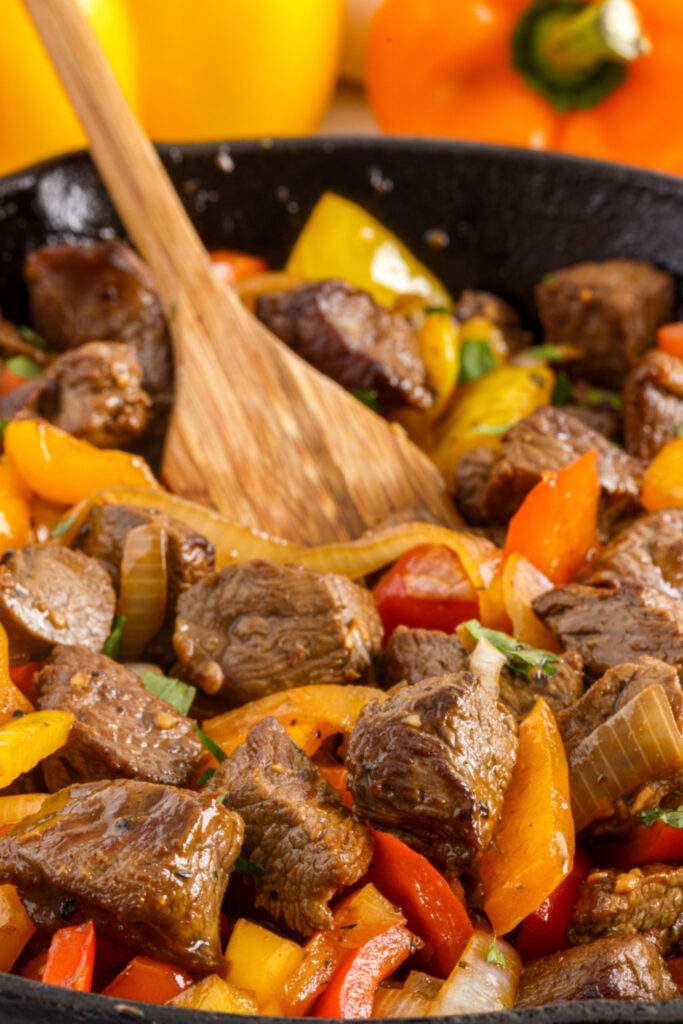 Beef Tips and Peppers in a pan