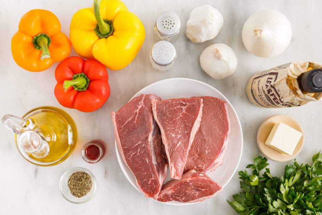 Ingredients for beef tips and peppers
