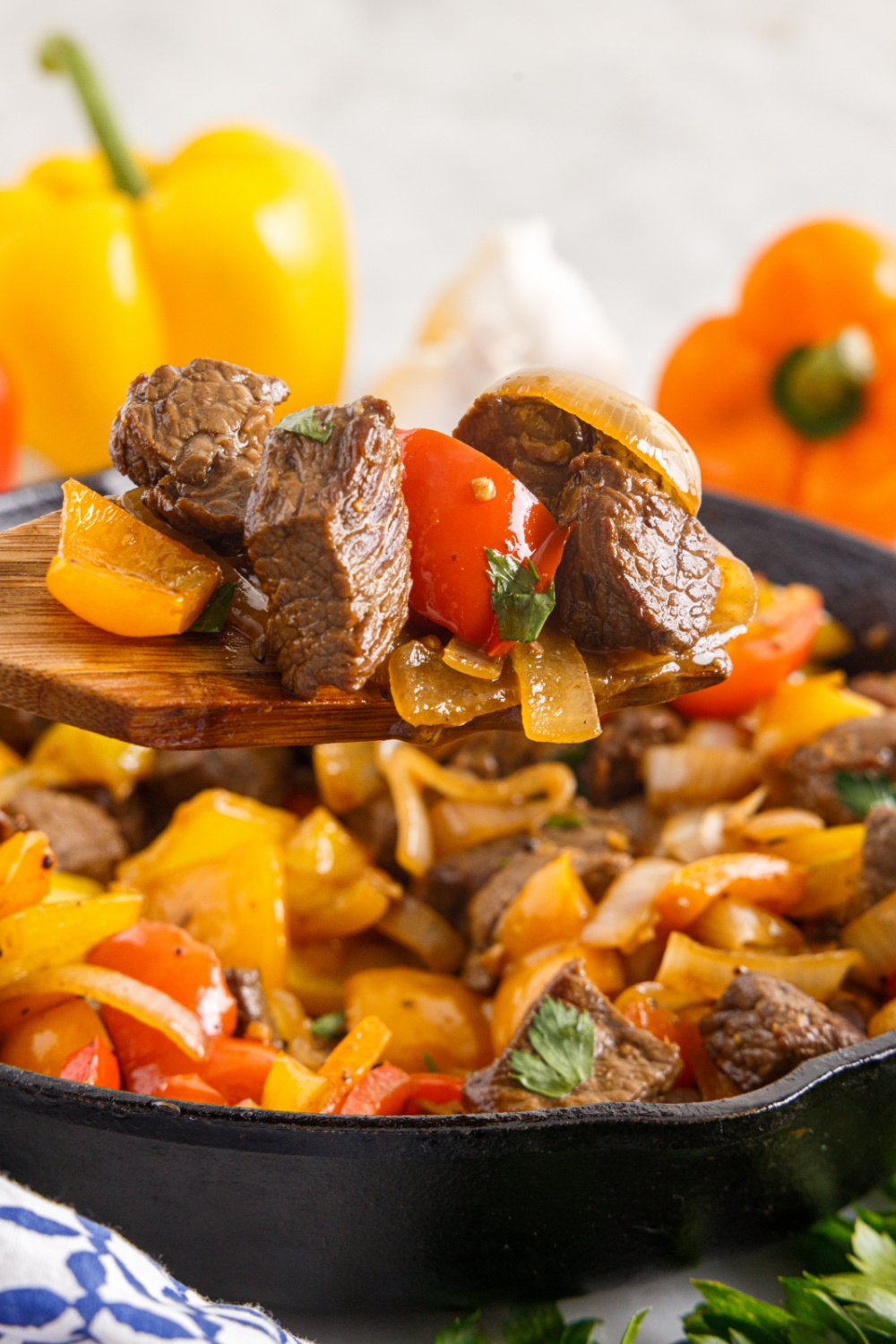 Beef Tips and Peppers in a pan