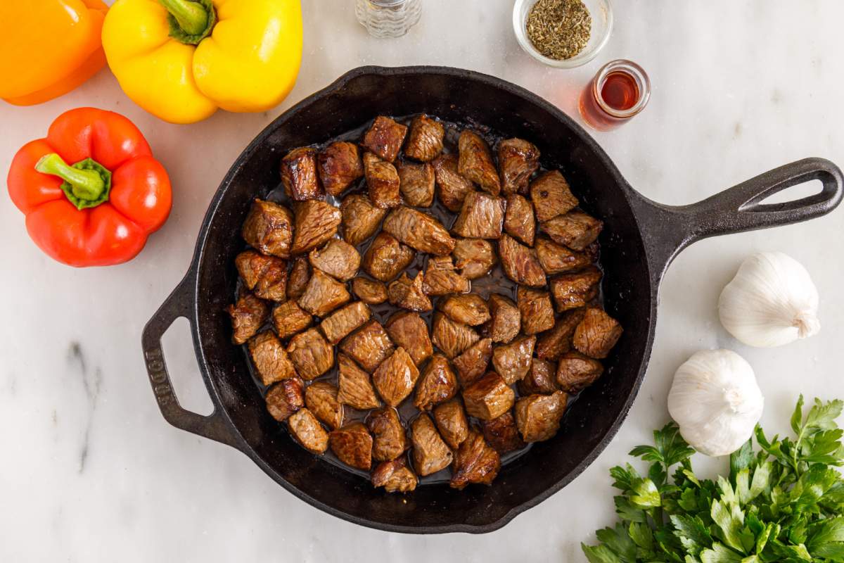 browned beef tips in pan