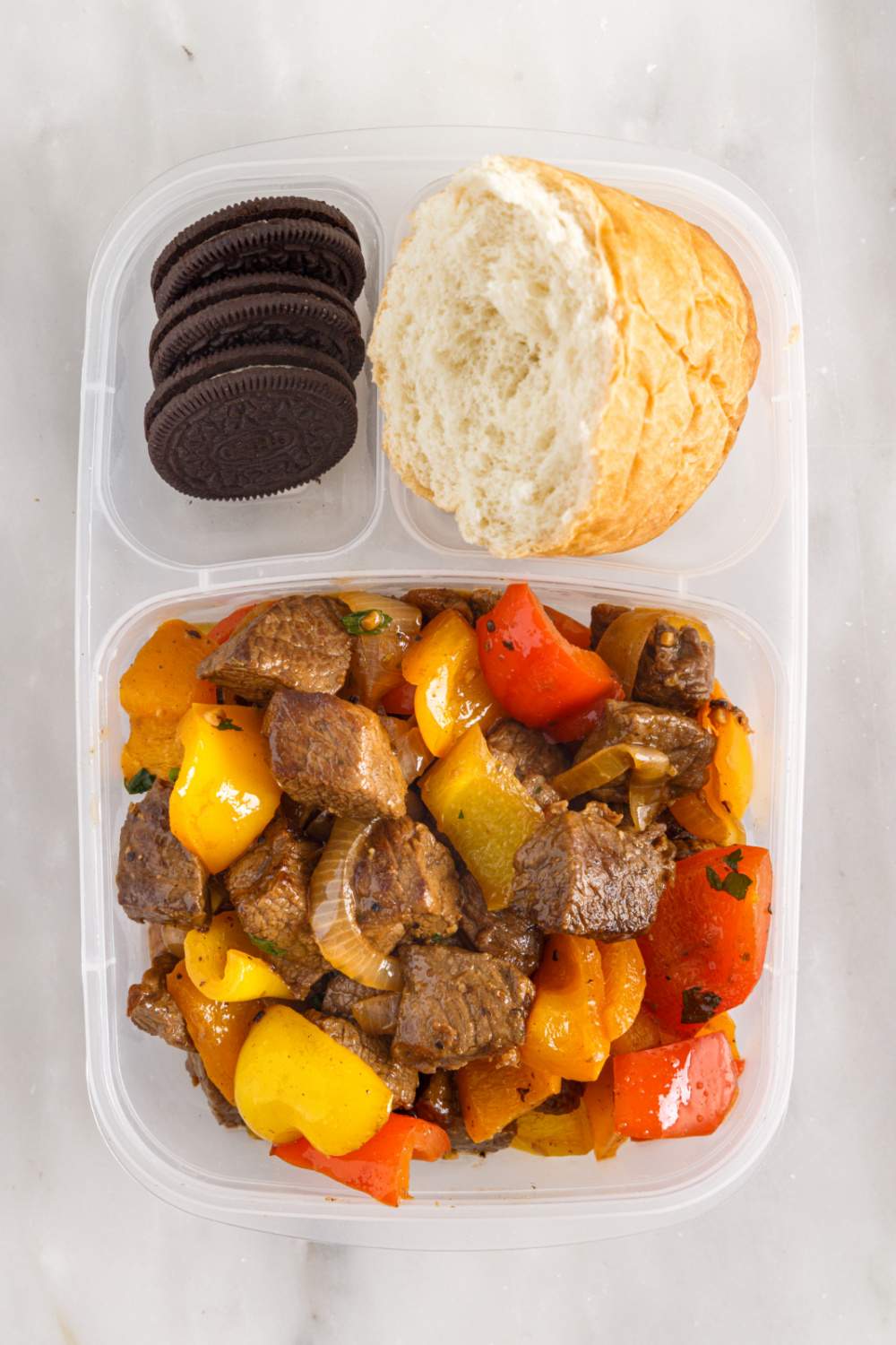 Beef Tips and Peppers packed for lunch
