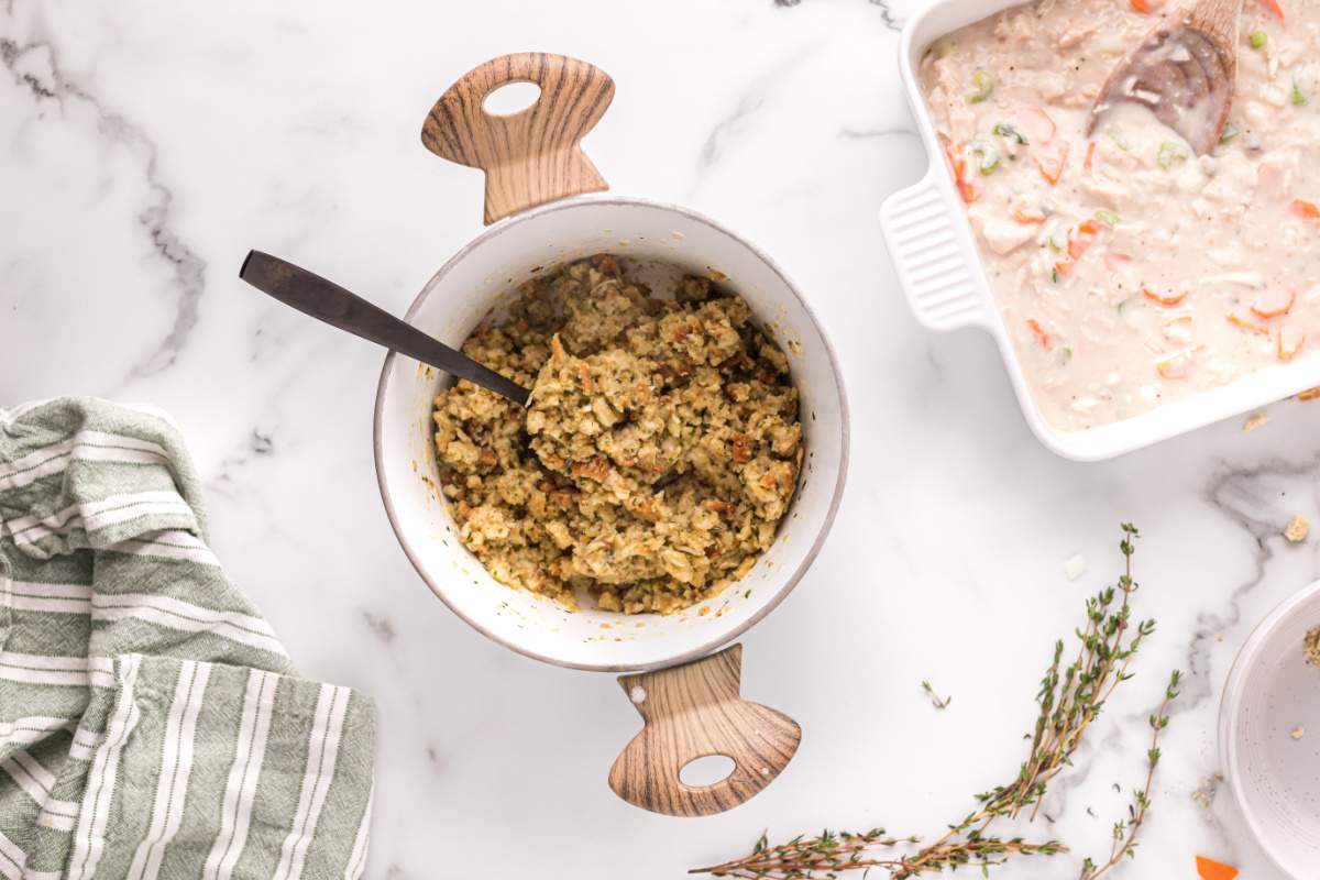 stirring stuffing in bowl