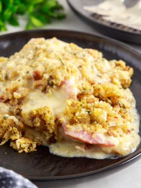 Crockpot Chicken Cordon Bleu and Stuffing on a plate