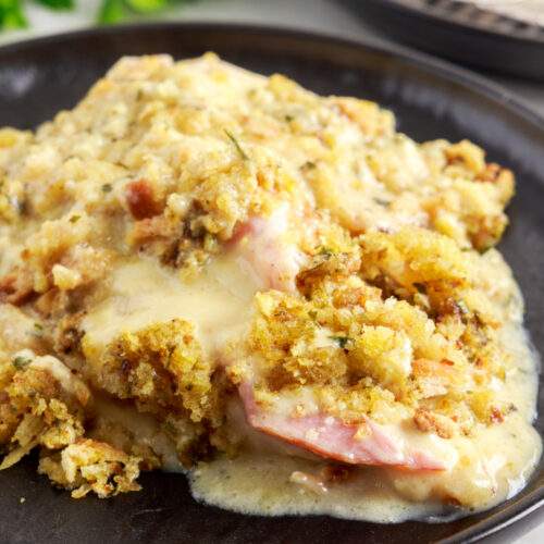 Crockpot Chicken Cordon Bleu and Stuffing on a plate