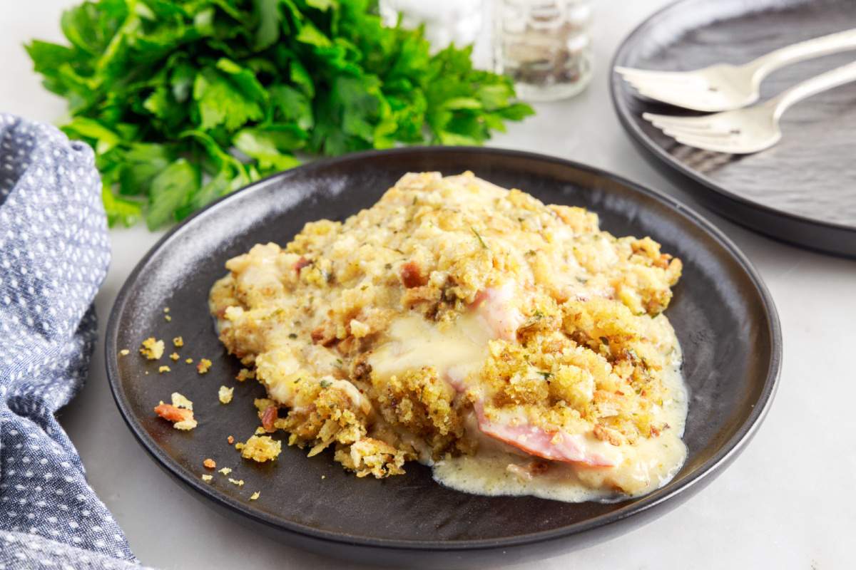 Crockpot Chicken Cordon Bleu and Stuffing  on a plate