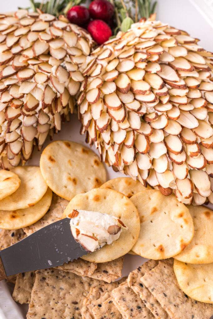 Pinecone Holiday Cheeseballs on a plate with crackers