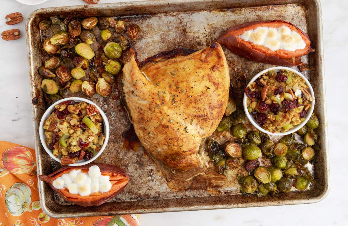 Thanksgiving Sheet Pan Dinner for Two with marshmallows added to potatoes