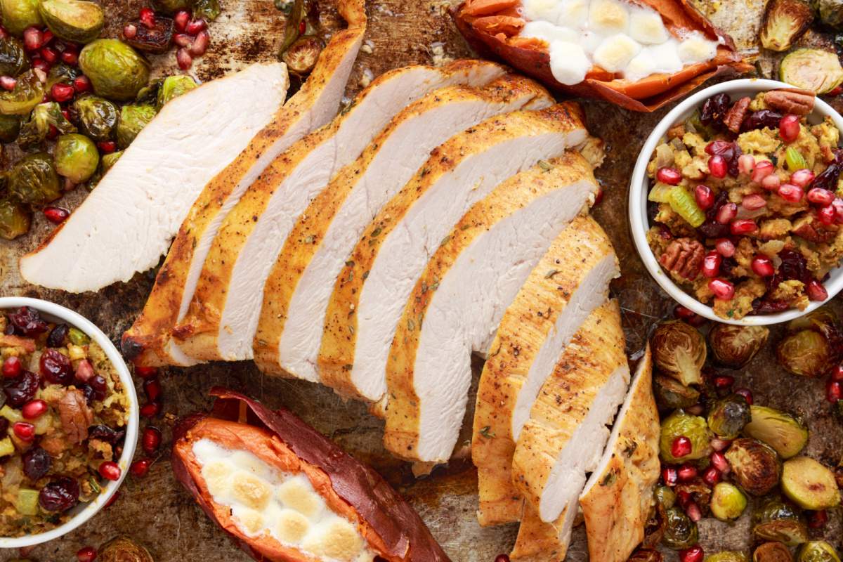 Thanksgiving Sheet Pan Dinner for Two with turkey breasts sliced
