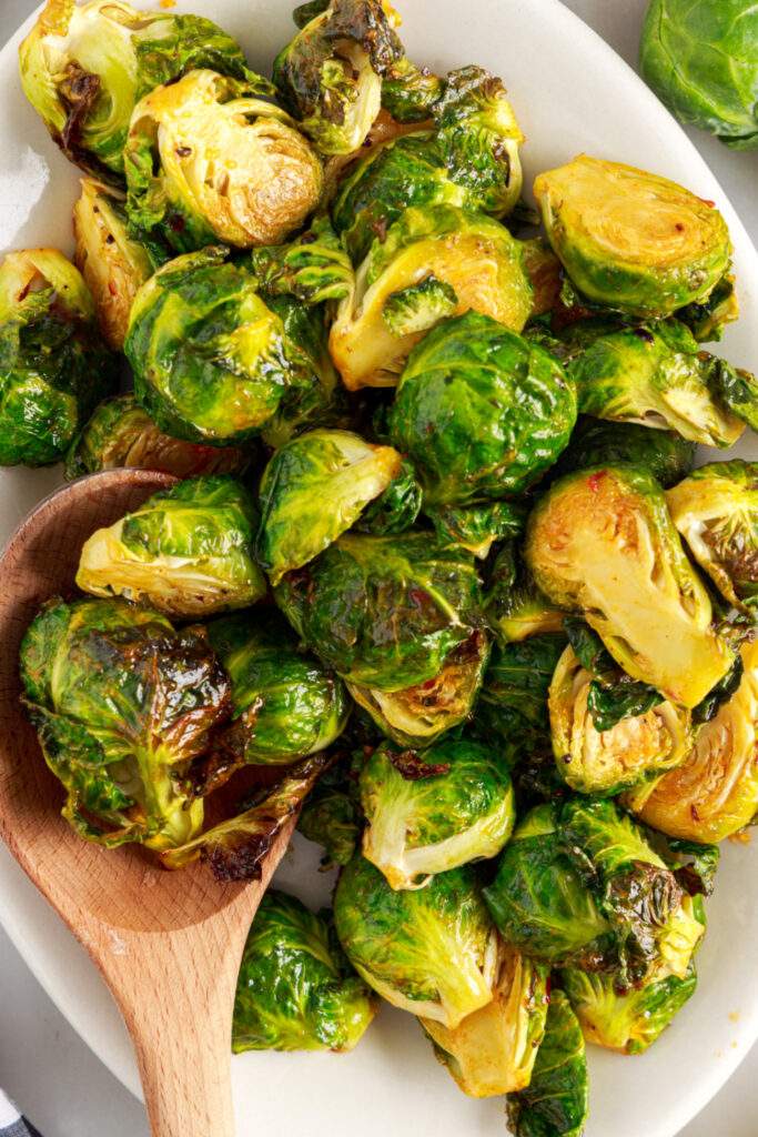 Air Fryer Bang Bang Brussels Sprouts on a serving dish