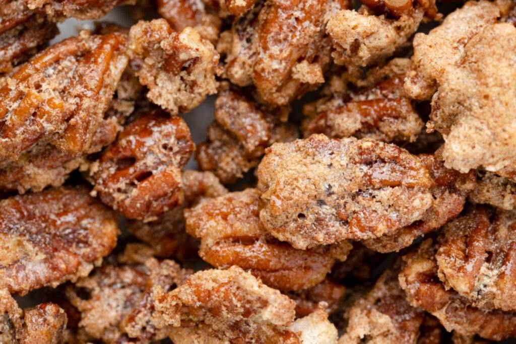 Air Fryer Candied Pecans on baking sheet