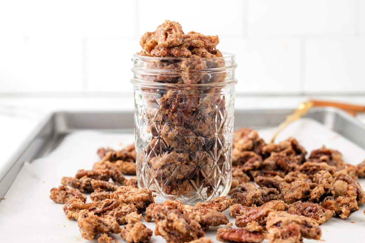 Air Fryer Candied Pecans in a jar