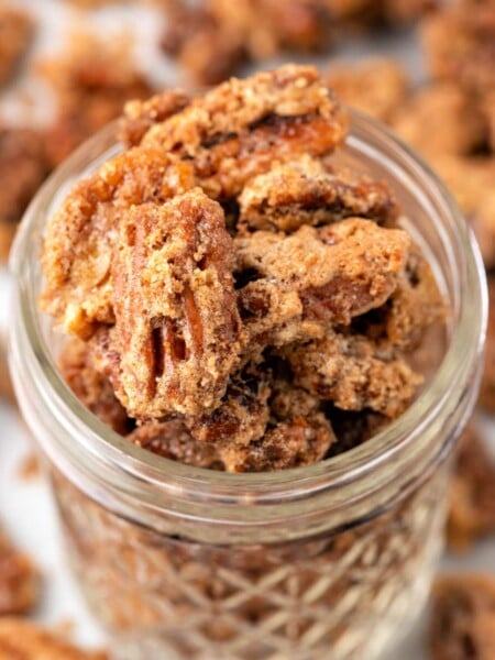 Air Fryer Candied Pecans in a jar