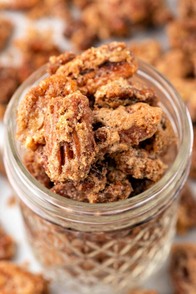 Air Fryer Candied Pecans  in a jar