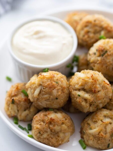 Crab Cake Balls on a plate with creamy dip