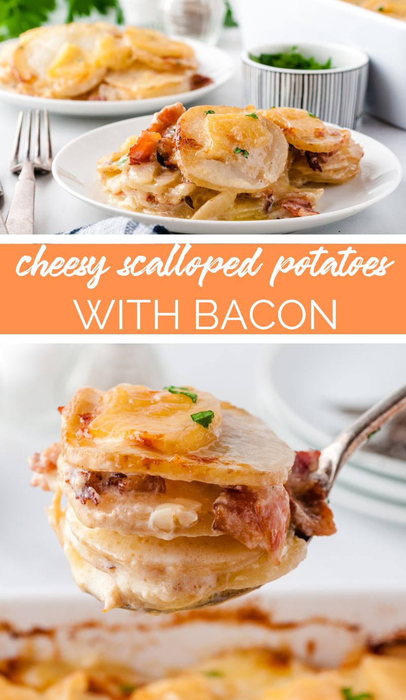 This Cheesy Scalloped Potatoes with Bacon recipe is a classic cozy side dish, dressed up to be extra decadent. via @familyfresh