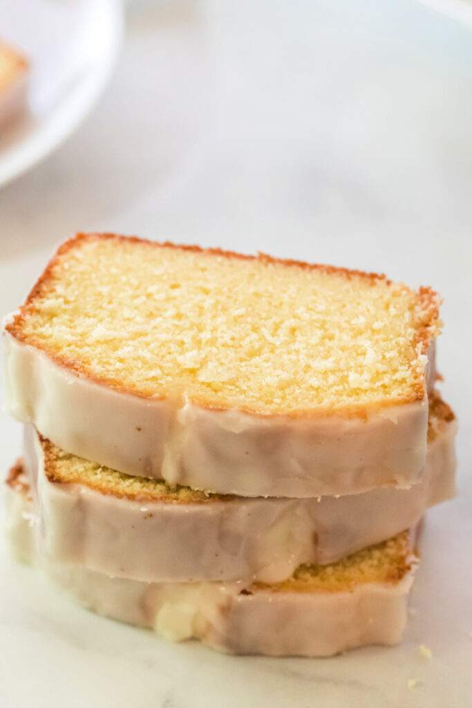 Copycat Starbucks Lemon Loaf slices stacked up