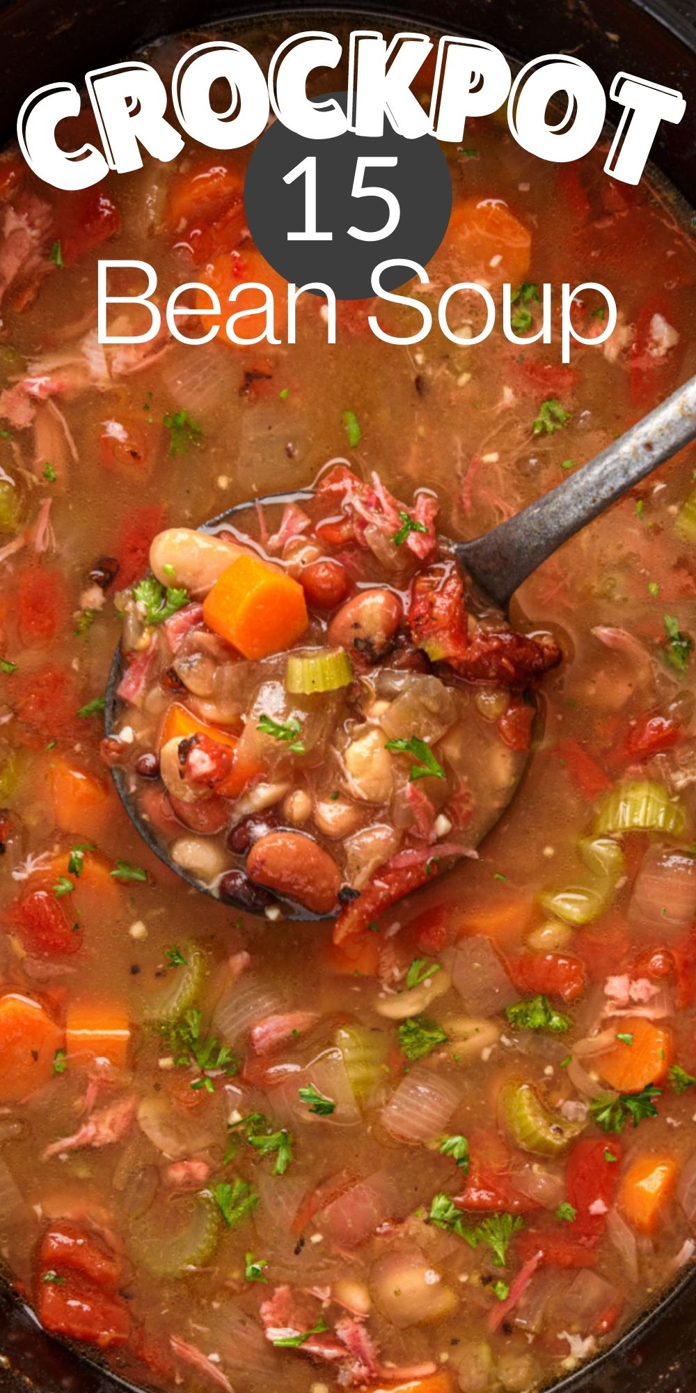 This Crockpot 15 Bean Soup recipe is a comforting soup, packed with flavor from slow cooking with a ham hock, tender beans, and vegetables. via @familyfresh