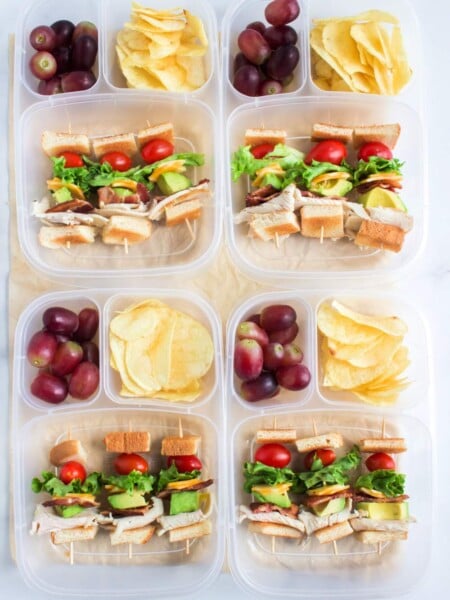 Turkey Club Skewer Lunchbox Idea packed in 4 lunchboxes