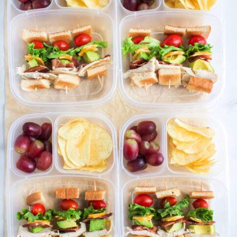 Turkey Club Skewer Lunchbox Idea packed in 4 lunchboxes