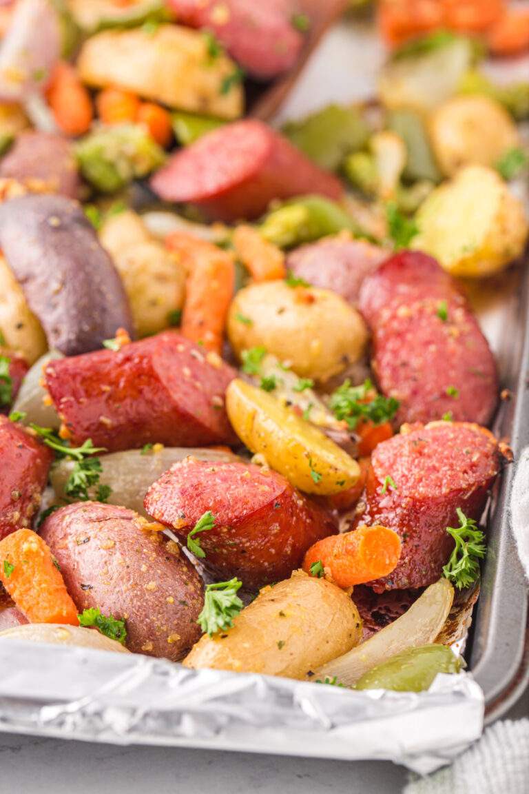 Sheet Pan Sausage and Potatoes on baking sheet