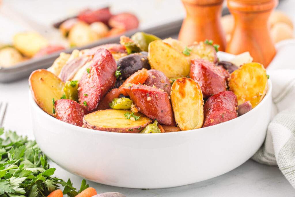 Sheet Pan Sausage and Potatoes in a bowl