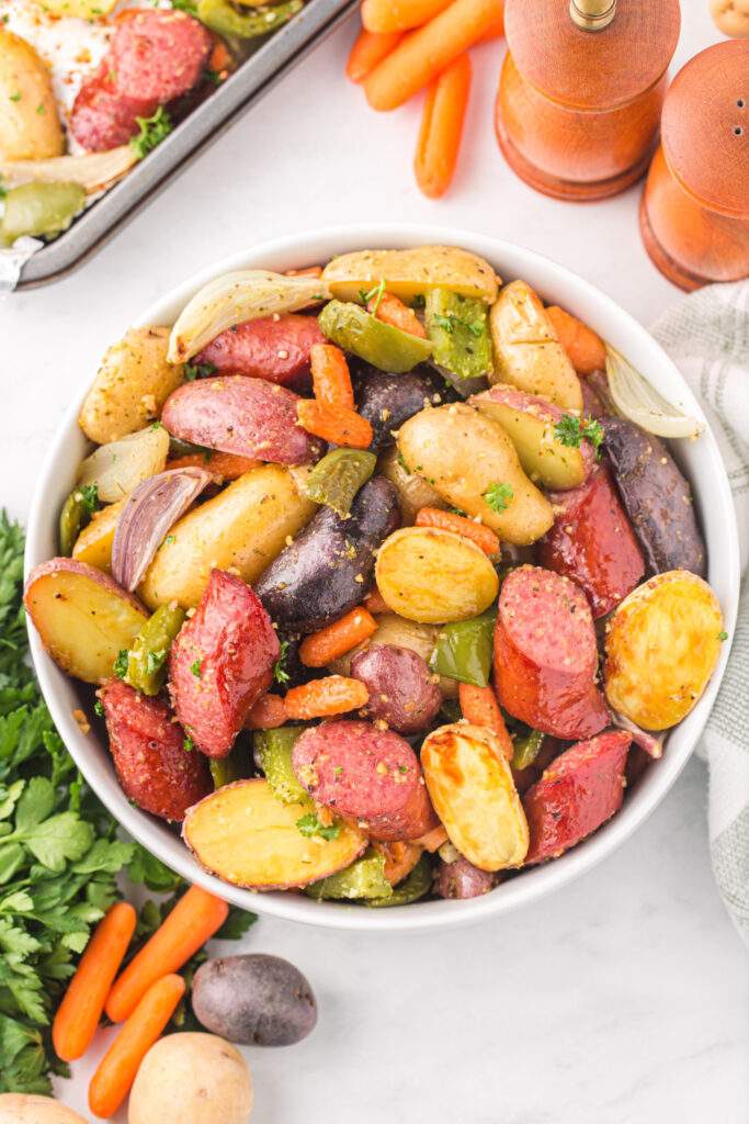 Sheet Pan Sausage and Potatoes in a bowl