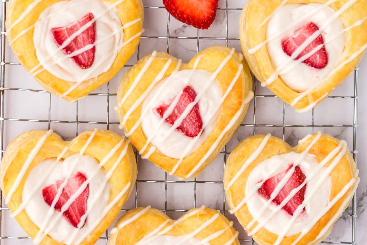 Strawberry Cream Cheese Heart Pastries on cooling rack