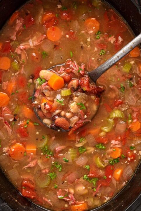Crockpot 15 Bean Soup in slow cooker with ladle