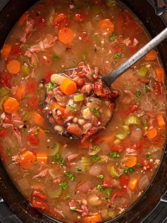 Crockpot 15 Bean Soup in slow cooker with ladle