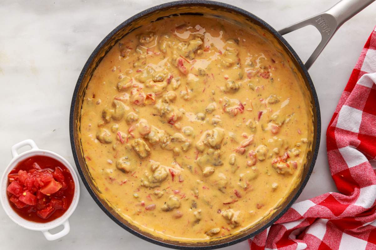 Cheesy Sausage Rotel Dip in a pan