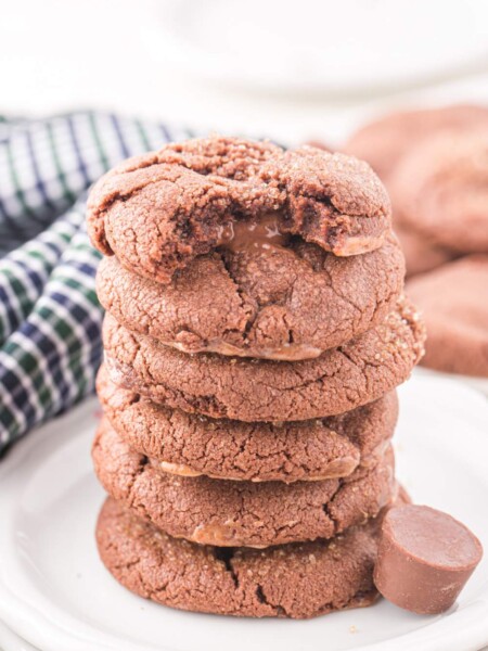 Rolo Cookies stacked on plate