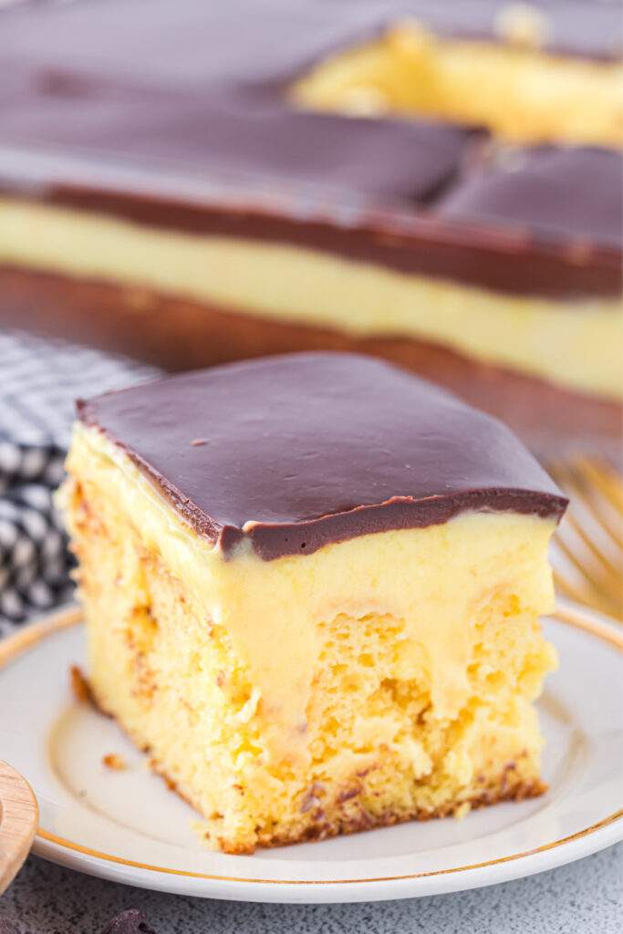 Boston Cream Poke Cake  on a plate