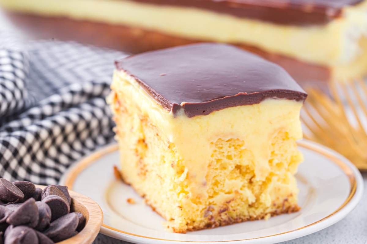 Boston Cream Poke Cake  on a plate