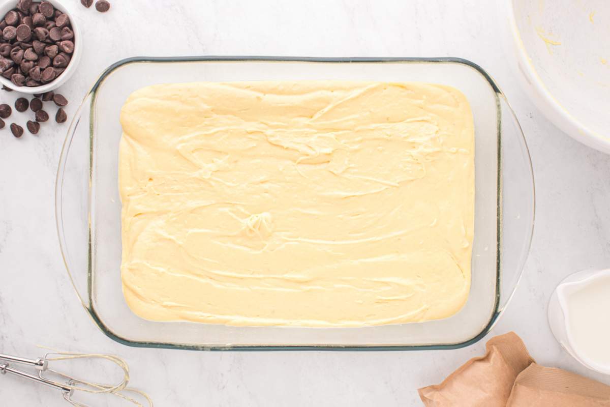 cake batter in baking pan