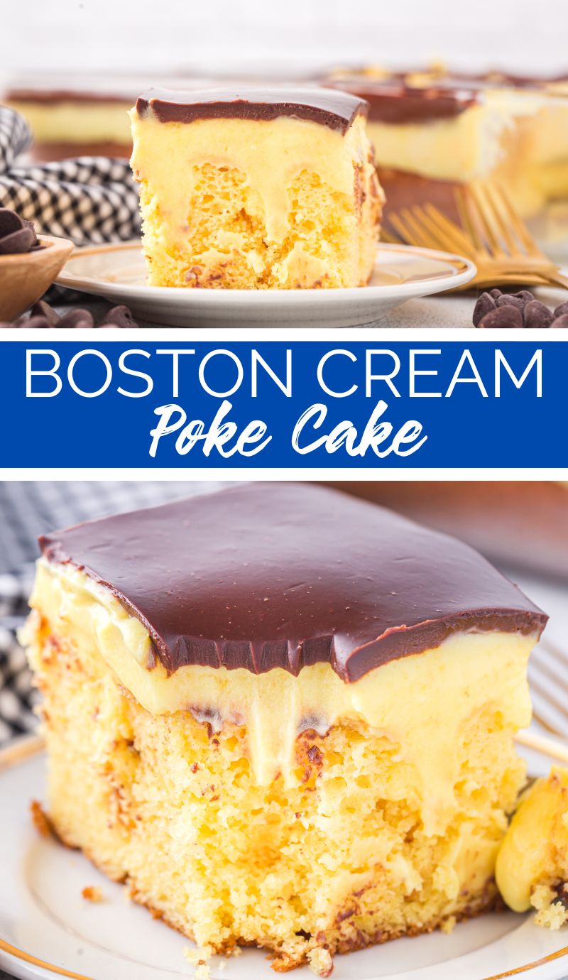 This Boston Cream Poke Cake is made with a yellow cake mix base, filled with French vanilla pudding mix, and then topped with chocolate ganache. via @familyfresh