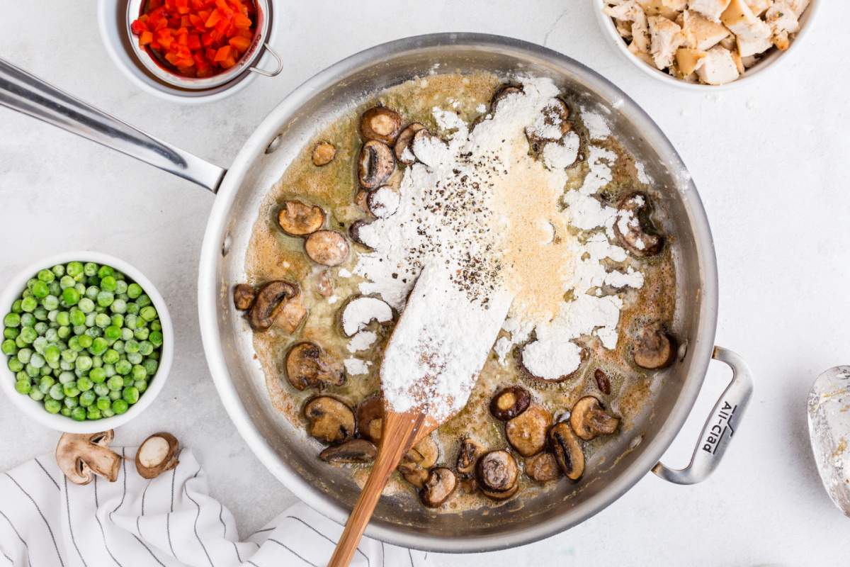 flour and seasoning added to pan