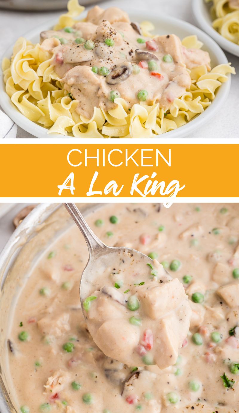 This Chicken A La King has a white sauce that combines mushrooms, pimentos and chicken and is served over rice, pasta, or biscuits. via @familyfresh