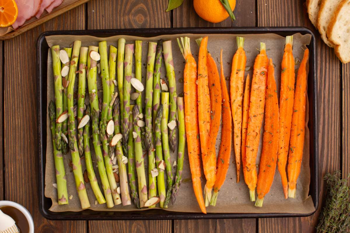 carrots and asparagus on pan