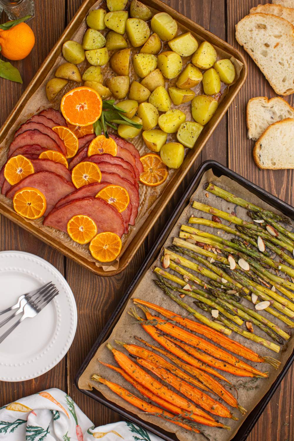 2 sheet pans with easter dinner items on them