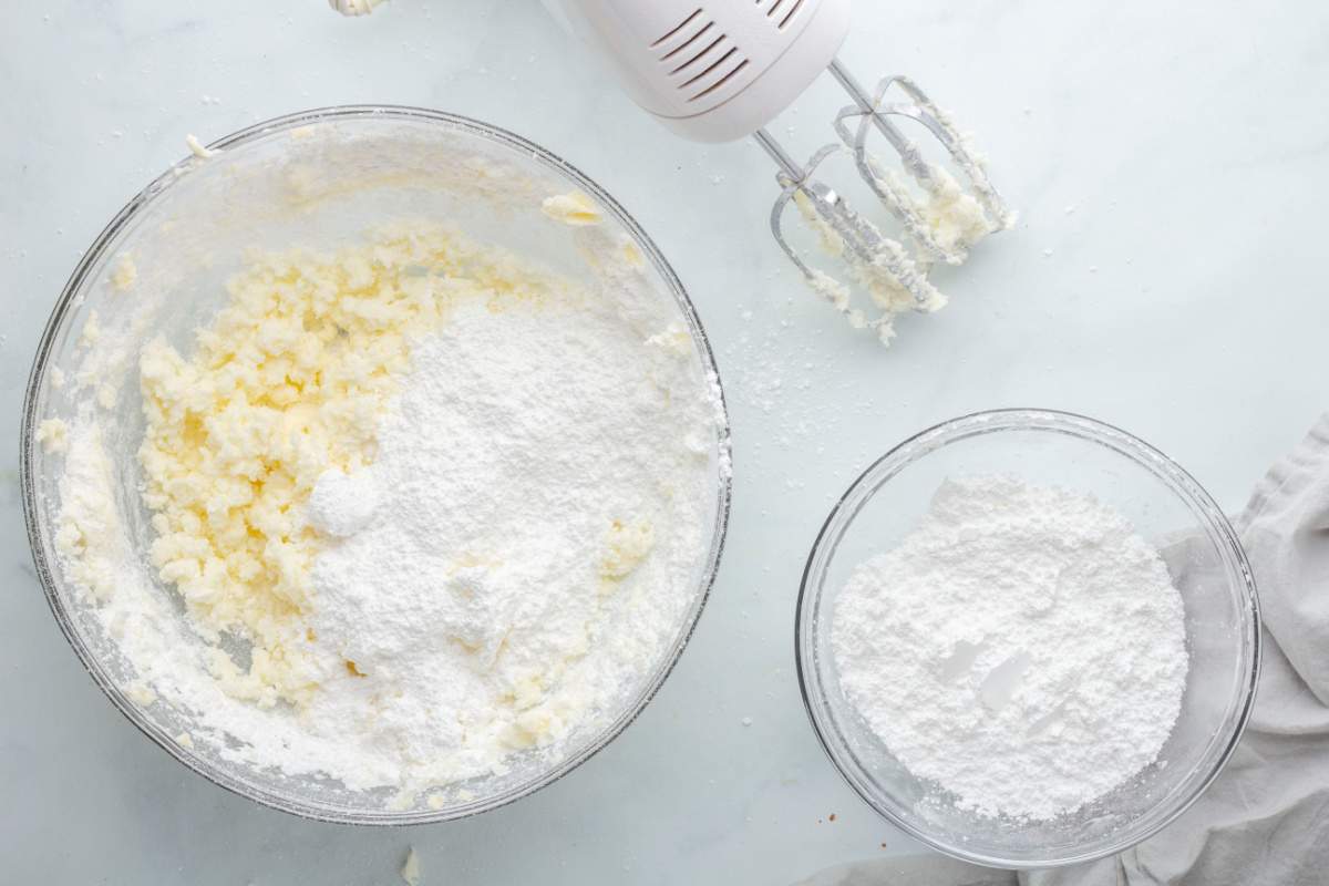 powdered sugar added to bowl