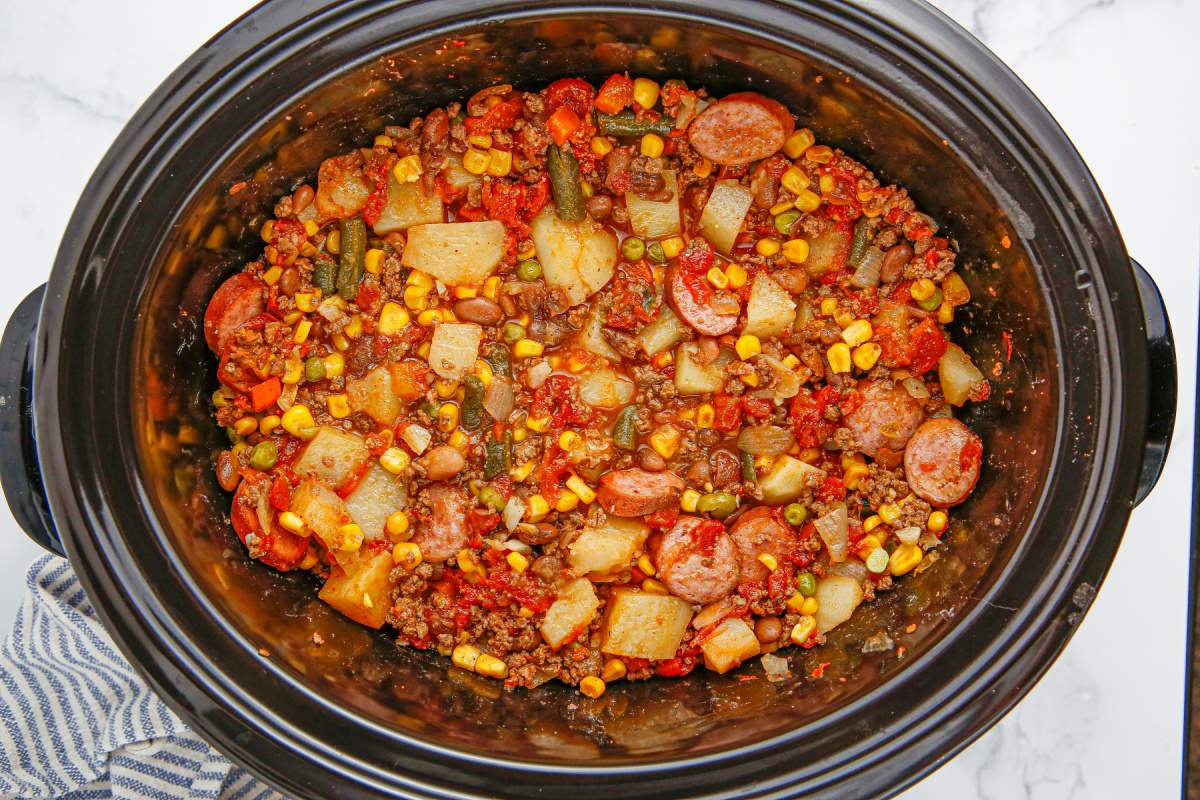 cooked Crockpot Texas Cowboy Stew in slow cooker