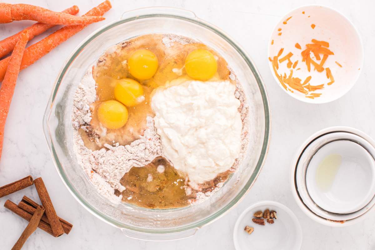 eggs, greek yogurt and vegetable oil in a mixing bowl