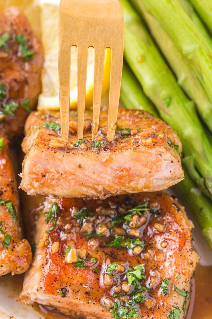 Honey Garlic Pork Chops cut in half