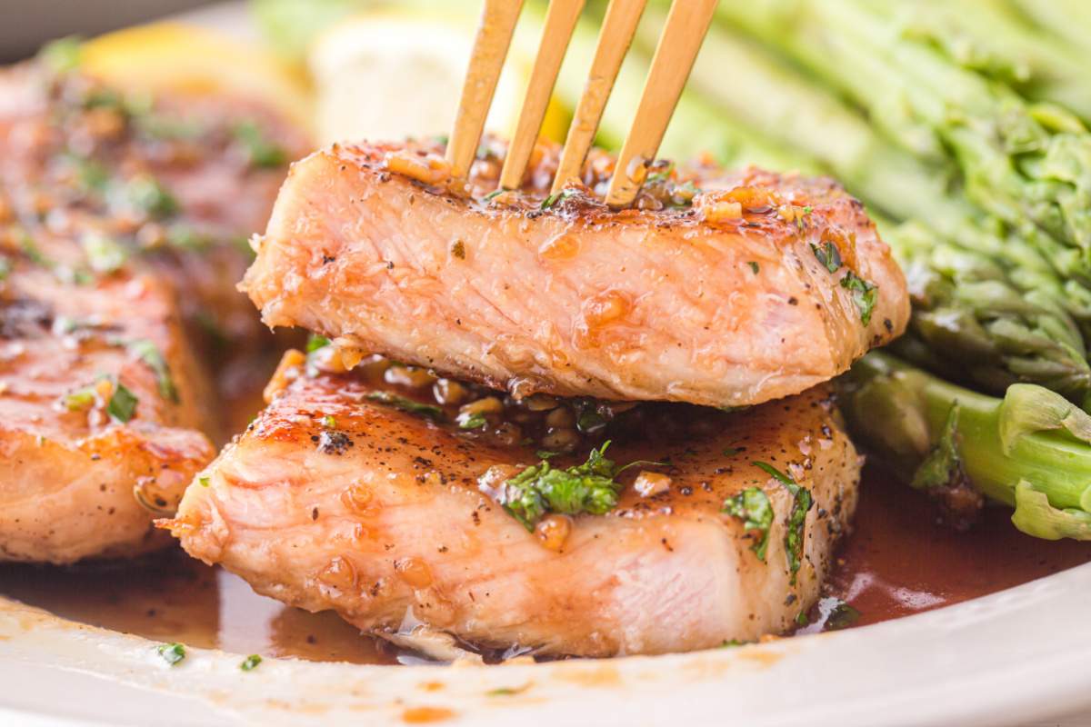 Honey Garlic Pork Chops cut in half