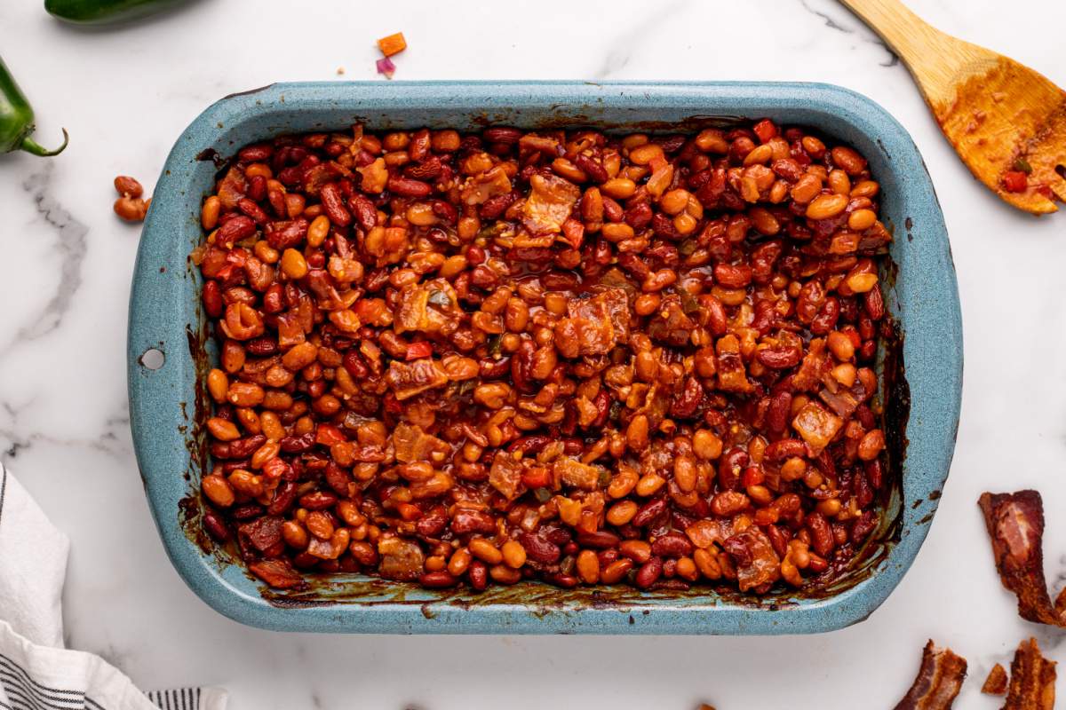 Tex-Mex Baked Beans in a casserole dish