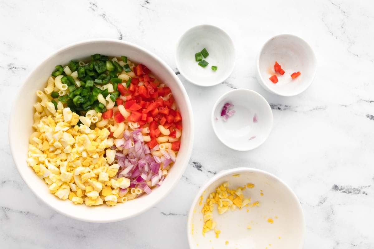 ingredients for macaroni salad in bowl